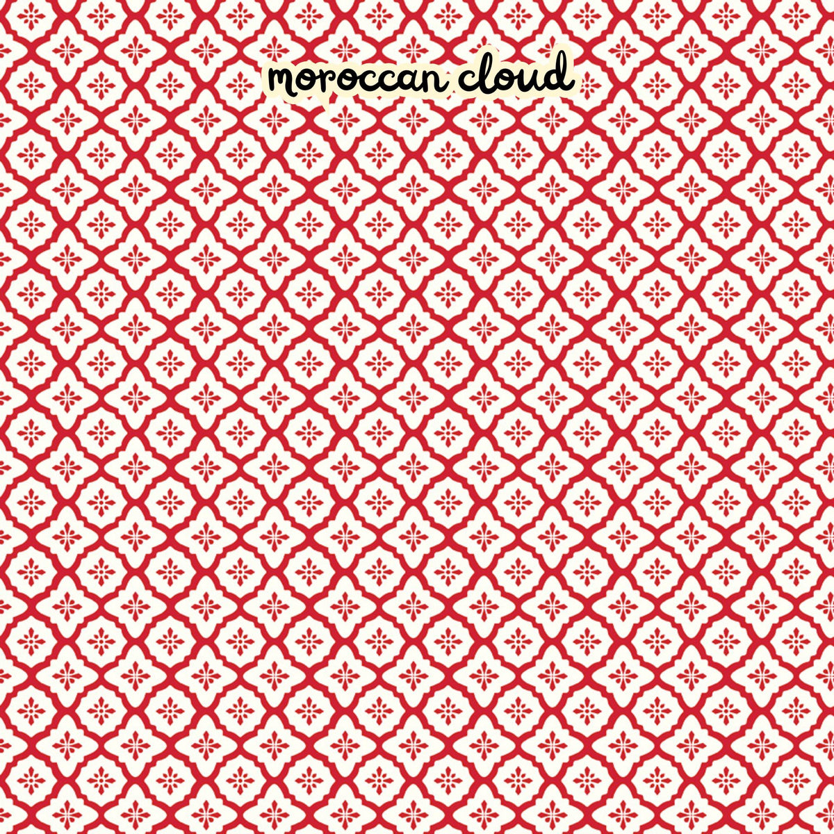 100% cotton fabric collection Radiant Ruby. The pattern features a repeating Moroccan-inspired tile motif in white set against a red set against a background. Collection is a vibrant "showstopper in scarlet" a two-tone collection which uses only "Schoolhouse" (red) and "Cloud" (off-white) to create a striking aesthetic inspired by the brilliance of a ruby gemstone.
