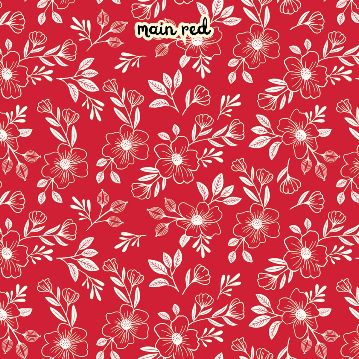 100% cotton fabric collection Radiant Ruby. This pattern is on a red background with white florals. Collection is a vibrant "showstopper in scarlet" a two-tone collection which uses only "Schoolhouse" (red) and "Cloud" (off-white) to create a striking aesthetic inspired by the brilliance of a ruby gemstone.