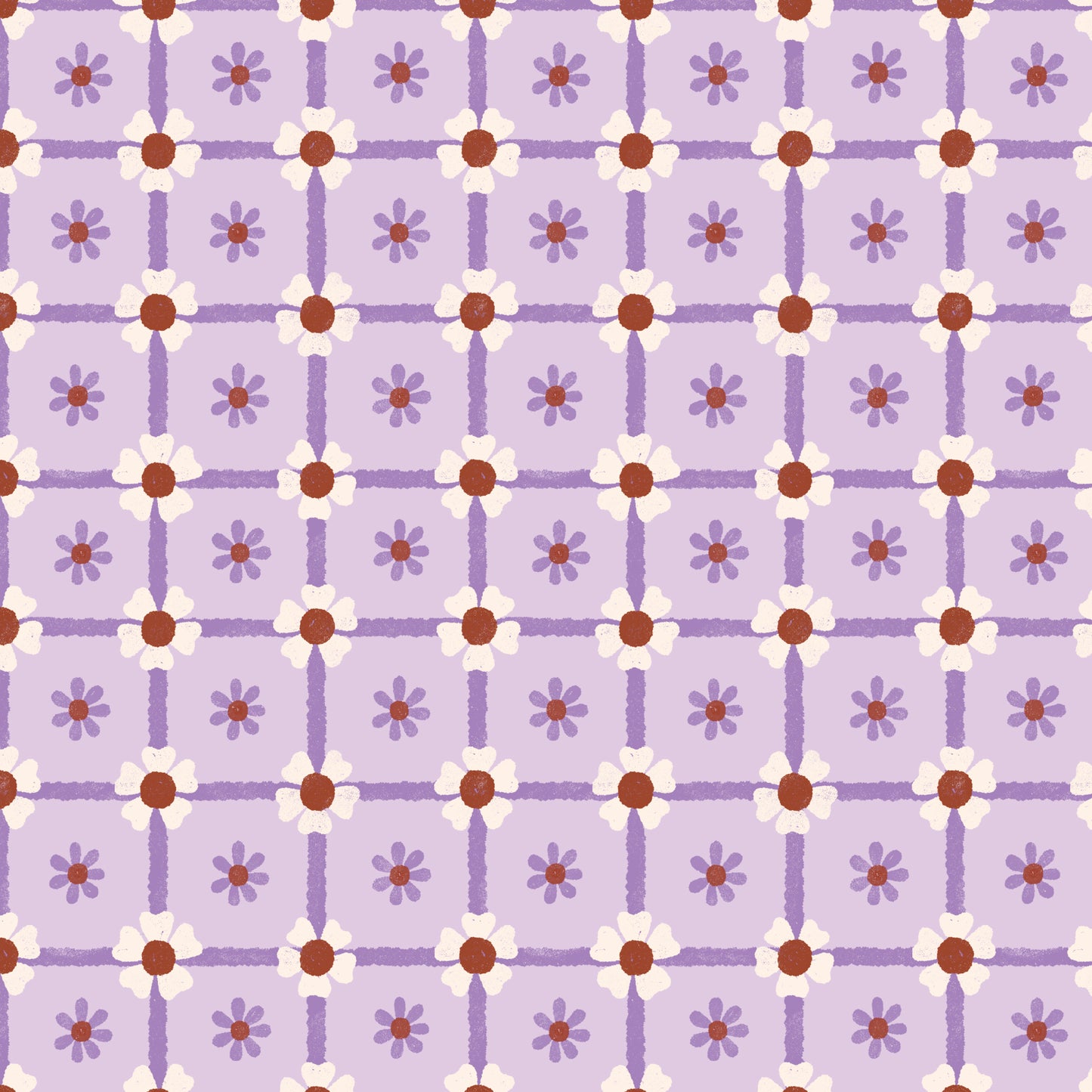 Pattern of small flowers on a purple grid background