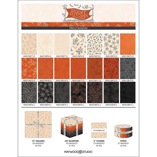 Spooky Stitches by Robin Kingsley of Bird Brain Designs for Maywood Studio is a whimsical, Halloween-themed fabric collection inspired by classic redwork embroidery. The collection features a cozy, high-contrast palette of charcoal, cream, and vibrant orange, with designs that include sketched haunted houses, black cats, bats, spiders, and playful Halloween text