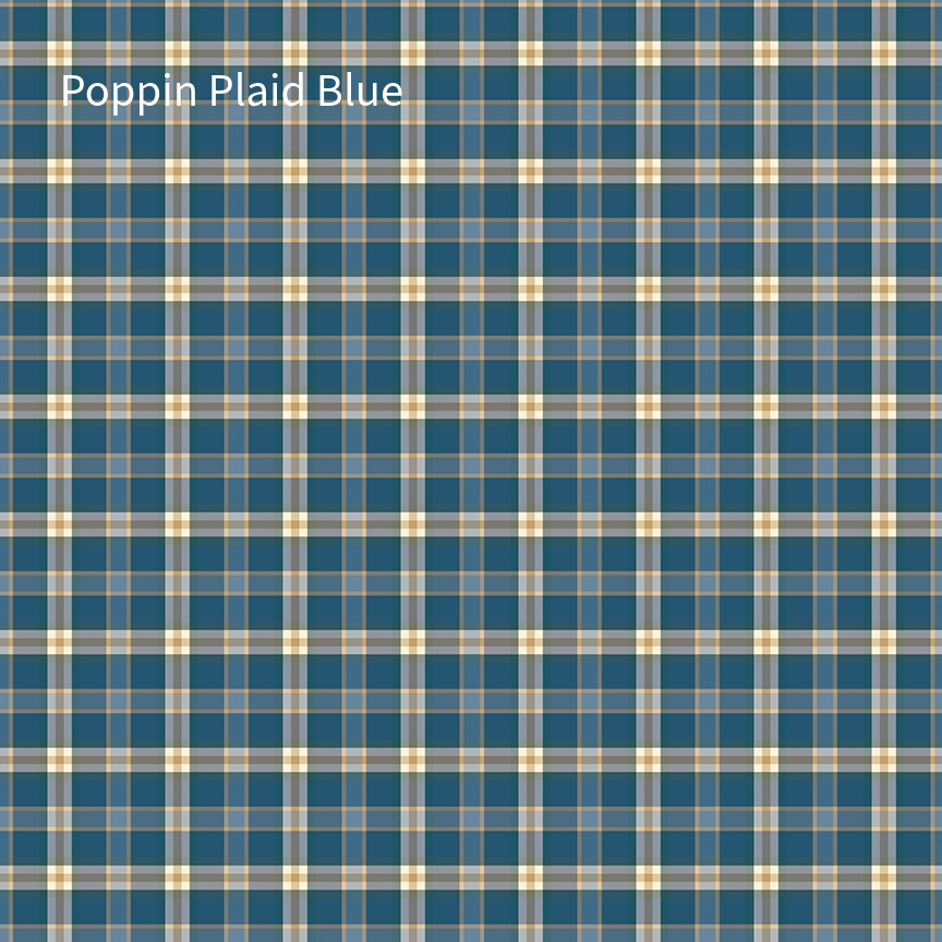 Cotton fabric from Spoonful of Sugar Collection called Poppins Plaid Blues, This one is a plaid pattern in shades of blue, blue, tan and cream.