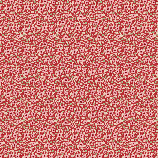 The Tilda Creating Memories Winter bundle pattern Brie Red (130149): A charming ditsy floral pattern in shades of red, white, and subtle green accents, perfect for creating a nostalgic feel. The collection is a cozy, seasonal basics line by Tone Finnanger, designed for quilting, dolls, and home decor. Focusing on rich red and muted green palettes, it features small-patterned prints, plaids, and wovens intended for winter, Christmas, or year-round projects.