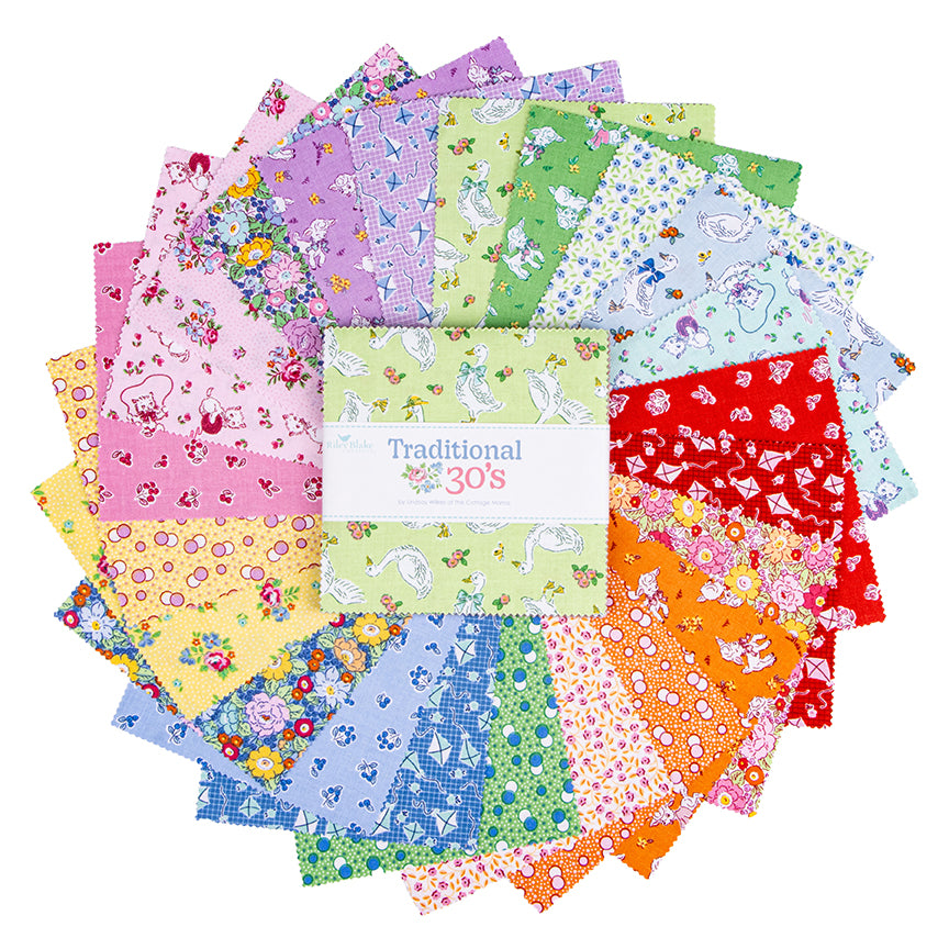 This 5" charm pack / precut bundle includes 42 pieces from the Traditional 30's fabric collection by Lindsay Wilkes for Riley Blake Designs. Patterns are inspired by classic 1930s Americana feedsack prints and vintage florals. Prints from the collection will be included 1-2 times in the bundle.