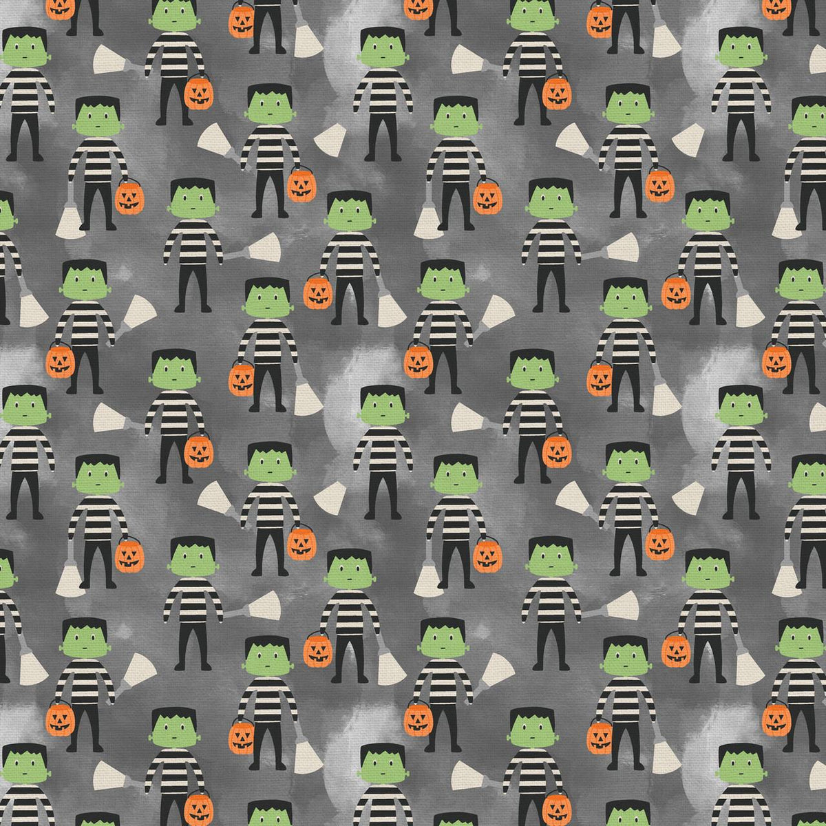 Tricks and Treat 100 cotton fabric collection, this pattern is Flashlight Frank: A whimsical pattern likely focusing on a friendly Frankenstein character, sometimes with lighthearted skulls and black cats. The collection is designed in a style that is "spooky but sweet" and is printed on 100% premium cotton, making it suitable for quilts and crafty Halloween projects.