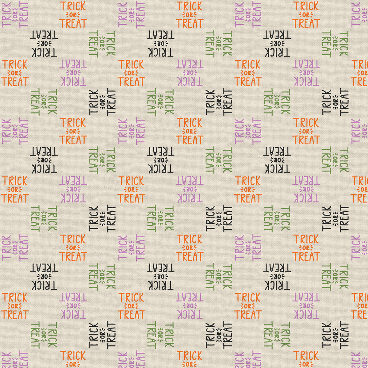 Tricks and Treat 100 cotton fabric collection, this pattern is Trick Or Treat Words: A multi-colored word-themed fabric that spells out spooky Halloween phrases and "Trick or Treat". The collection is designed in a style that is "spooky but sweet" and is printed on 100% premium cotton, making it suitable for quilts and crafty Halloween projects.
