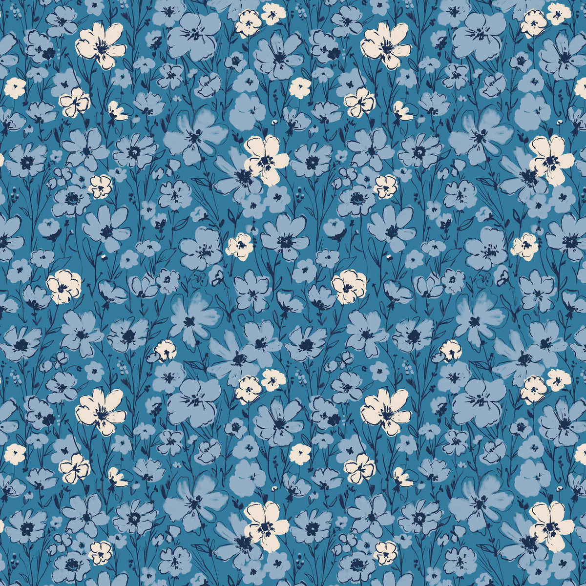 This pattern wildflower blue from The Jubilant fabric collection, which is a summer-theme inspired by outdoor picnics and vintage celebration. Collection offers color of navy, red, blue, sand, cream with patterns Bold Florals: Inspired by summer gardens and vintage charm. Classic Gingham: Traditional checked patterns suitable for picnic-themed projects. Sweet Cherries: Playful fruit motifs that emphasize the summer theme. Dots and Spots: Geometric accents to complement the larger focal prints.