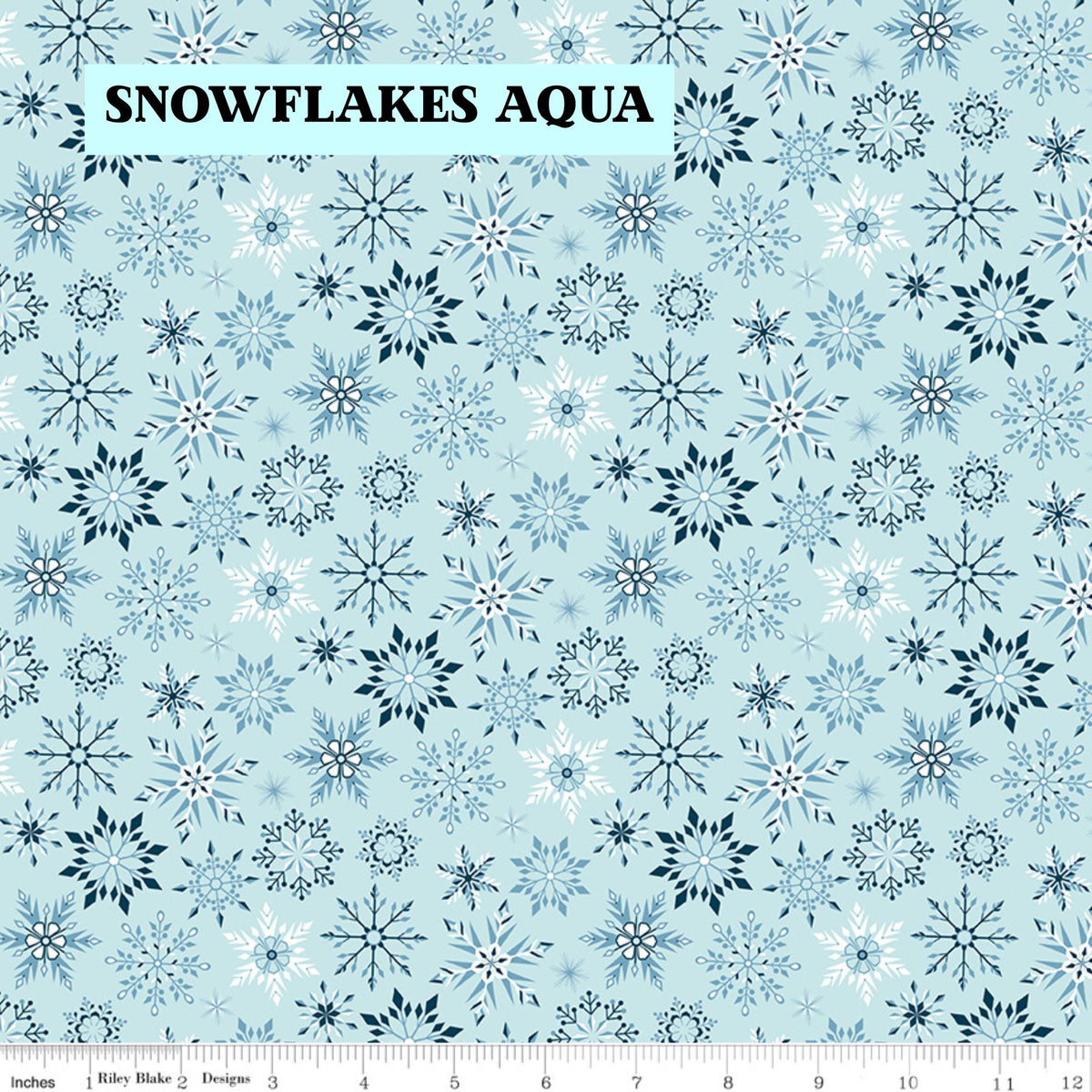 Winter Magic by Dani Mogstad for Riley Blake Designs image features snowflakes aqua detailed snowflake in different patterns. The collection is a cozy, charming fabric line featuring arctic animals, snowy forests, and delicate florals in a palette of navy, aqua, blue, white, and warm tea-dye brown. The collection includes prints of snowflakes, sweaters, and trees, centered around a "everything is magical when it snows" panel