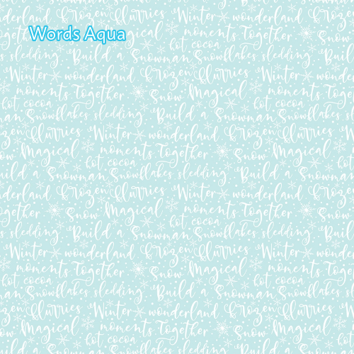 Winter Magic by Dani Mogstad for Riley Blake Designs image features words aqua a pattern with wintery themed words written throughout. The collection is a cozy, charming fabric line featuring arctic animals, snowy forests, and delicate florals in a palette of navy, aqua, blue, white, and warm tea-dye brown. The collection includes prints of snowflakes, sweaters, and trees, centered around a "everything is magical when it snows" panel
