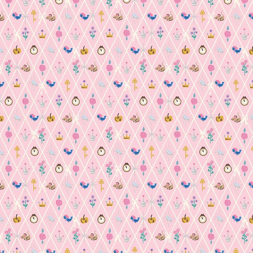 The Wishes fabric collection by Jill Howarth for Riley Blake Designs is a whimsical, storybook-style line inspired by the classic Cinderella fairy tale. The collection reads like an illustrated vintage children's book. Key prints feature grand ballroom scenes, castle spires, moonlit village views with transforming pumpkin coaches, the entire cast of characters the heroine, prince, mice helpers, and step-family, and scrolling florals.
In this listing create you can put together the perfect Storybook Quilt -
