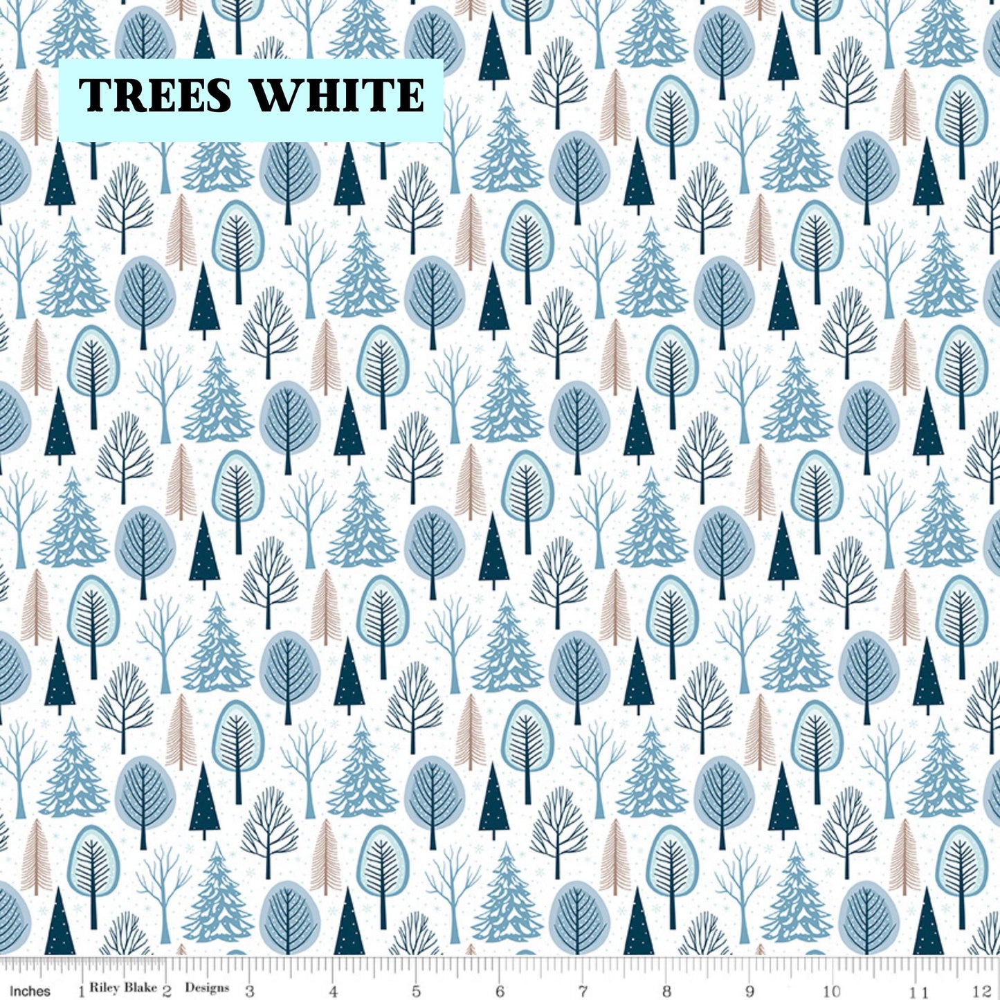 Winter Magic by Dani Mogstad for Riley Blake Designs image features Trees white featuring tiny pine trees dusted with snow. The collection is a cozy, charming fabric line featuring arctic animals, snowy forests, and delicate florals in a palette of navy, aqua, blue, white, and warm tea-dye brown. The collection includes prints of snowflakes, sweaters, and trees, centered around a "everything is magical when it snows" panel