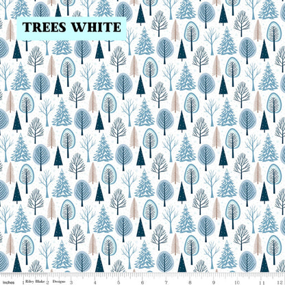 Winter Magic by Dani Mogstad for Riley Blake Designs image features Trees white featuring tiny pine trees dusted with snow. The collection is a cozy, charming fabric line featuring arctic animals, snowy forests, and delicate florals in a palette of navy, aqua, blue, white, and warm tea-dye brown. The collection includes prints of snowflakes, sweaters, and trees, centered around a "everything is magical when it snows" panel