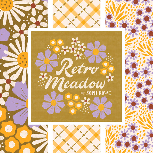 100% organic cotton fabric Book cover of 'Retro Meadow' collection  by Soph Rowe for Cloud9 with bright  floral patternsand 
