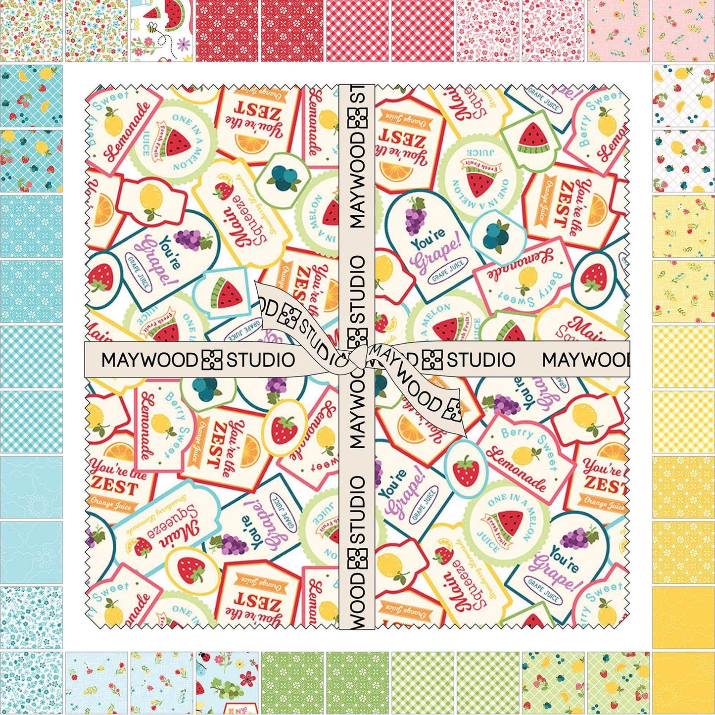 10" Precut Squares includes 42 pieces, patterns are repeated from The Sippin' on Sunshine collection by Kimberbell for Maywood Studio celebrates summer with playful picnic and warm-weather motifs. This collection features bright citrus slices, refreshing drinks, gingham checks, and ditsy florals across a vibrant palette of sky blue, lemon yellow, pink, and red.