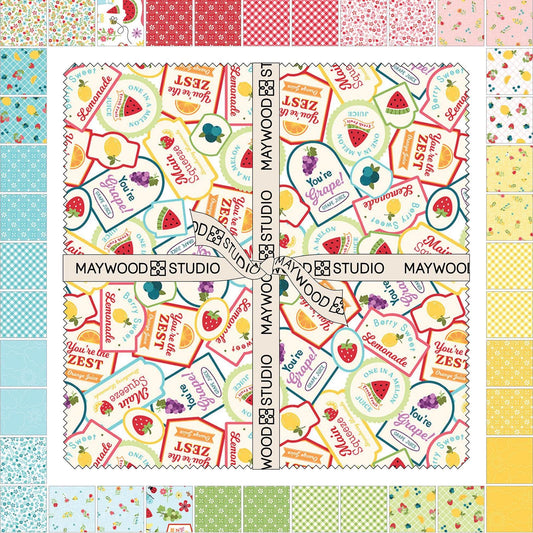 10" Precut Squares includes 42 pieces, patterns are repeated from The Sippin' on Sunshine collection by Kimberbell for Maywood Studio celebrates summer with playful picnic and warm-weather motifs. This collection features bright citrus slices, refreshing drinks, gingham checks, and ditsy florals across a vibrant palette of sky blue, lemon yellow, pink, and red.