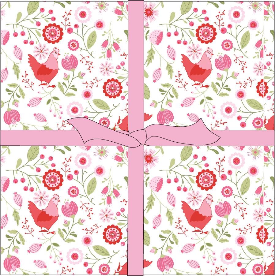 The Smitten Chicken collection by Lori Woods for Poppie Cotton is a cheerful, countryside-inspired fabric line. It features a lively color palette of red, pink, aqua, and white. It is ideal for quilts, kitchen projects, tea towels, and aprons.
- 10" Precut Squares include 42 pieces