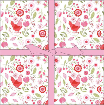 The Smitten Chicken collection by Lori Woods for Poppie Cotton is a cheerful, countryside-inspired fabric line. It features a lively color palette of red, pink, aqua, and white. It is ideal for quilts, kitchen projects, tea towels, and aprons.
- 10" Precut Squares include 42 pieces