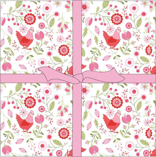 The Smitten Chicken collection by Lori Woods for Poppie Cotton is a cheerful, countryside-inspired fabric line. It features a lively color palette of red, pink, aqua, and white. It is ideal for quilts, kitchen projects, tea towels, and aprons.
- 10" Precut Squares include 42 pieces