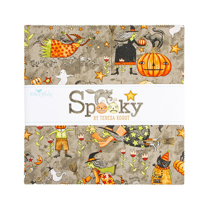 10" Precut squares from the  Spooky fabric collection by Teresa Kogut for Riley Blake Designs is a whimsical, folk-art-inspired Halloween line featuring ghosts, cats, pumpkins, and a haunted aesthetic in a palette of tombstone gray, rusty oak, green, black, and orange.