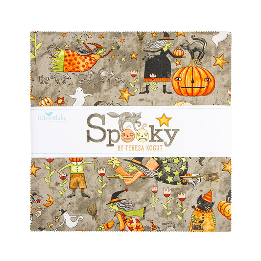 10" Precut squares from the  Spooky fabric collection by Teresa Kogut for Riley Blake Designs is a whimsical, folk-art-inspired Halloween line featuring ghosts, cats, pumpkins, and a haunted aesthetic in a palette of tombstone gray, rusty oak, green, black, and orange.