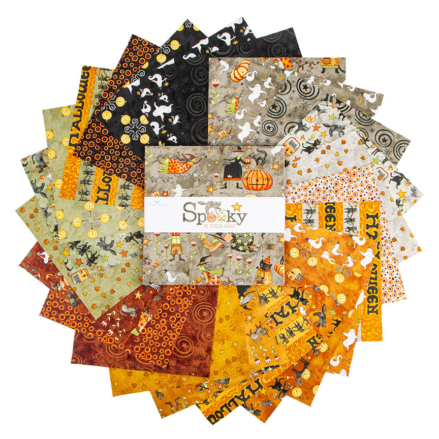 10" Precut squares from the  Spooky fabric collection by Teresa Kogut for Riley Blake Designs is a whimsical, folk-art-inspired Halloween line featuring ghosts, cats, pumpkins, and a haunted aesthetic in a palette of tombstone gray, rusty oak, green, black, and orange.