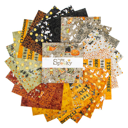 10" Precut squares from the  Spooky fabric collection by Teresa Kogut for Riley Blake Designs is a whimsical, folk-art-inspired Halloween line featuring ghosts, cats, pumpkins, and a haunted aesthetic in a palette of tombstone gray, rusty oak, green, black, and orange.
