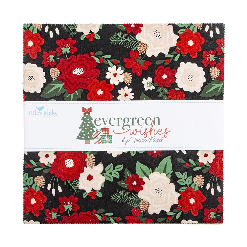 The Evergreen Wishes fabric collection by Traci Reed for Riley Blake Designs blends classic holiday traditions with a fresh, modern palette of rich reds, deep greens, mint, cream, and black. It features beautiful winter florals, cozy plaids, and playful seasonal motifs.