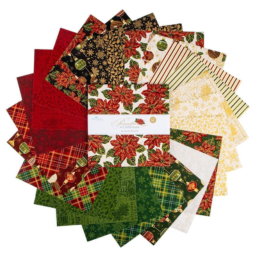 The Poinsettias at Christmas collection, designed by Jennifer Bosworth for Riley Blake Designs, is a gorgeous holiday fabric line. It blends traditional Christmas motifs with elegant, shimmering gold metallic foil accents. The 100% cotton fabrics are perfect for heirloom-style holiday quilts, tree skirts, stockings, table runners and so much more.
- 10" Precut Squares, 42 pieces patterns are repeated.