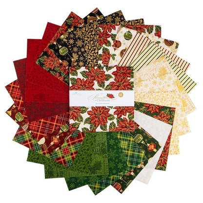 The Poinsettias at Christmas collection, designed by Jennifer Bosworth for Riley Blake Designs, is a gorgeous holiday fabric line. It blends traditional Christmas motifs with elegant, shimmering gold metallic foil accents. The 100% cotton fabrics are perfect for heirloom-style holiday quilts, tree skirts, stockings, table runners and so much more.
- 10" Precut Squares, 42 pieces patterns are repeated.