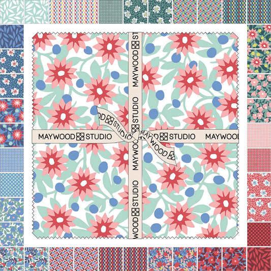 10" precut squares Bundle includes 42 pieces from The Cups & Quilts fabric collection by Maywood Studio, Designed by Lydia Johnson, is a playful, crafty line inspired by ceramics, featuring stylized florals, patchwork motifs, and geometrics. The collection blends a charming red, white, and blue palette with pastel blenders, bringing a fresh, modern aesthetic to any project.