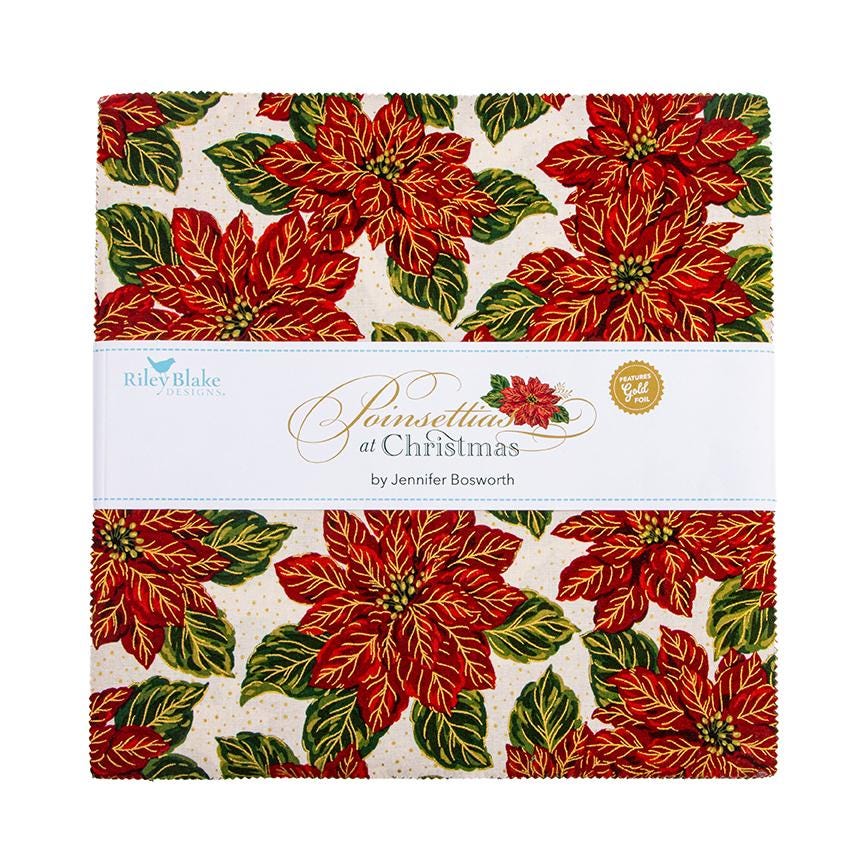 The Poinsettias at Christmas collection, designed by Jennifer Bosworth for Riley Blake Designs, is a gorgeous holiday fabric line. It blends traditional Christmas motifs with elegant, shimmering gold metallic foil accents. The 100% cotton fabrics are perfect for heirloom-style holiday quilts, tree skirts, stockings, table runners and so much more.
- 10" Precut Squares, 42 pieces patterns are repeated.
