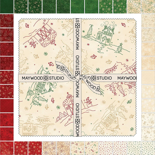 The Christmastime fabric collection by Robin Kingsley for Maywood Studio captures the charm of a country Christmas. The line features nostalgic redwork and greenwork motifs in a classic color palette of mottled cream, red, and green. - 10" Precut Squares / Precut Squares include 42 pieces, patterns repeated.