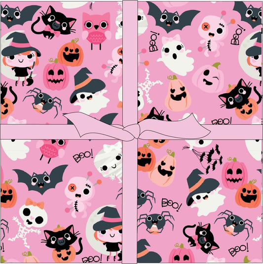 10" precut squares from The Not Scary fabric collection by Jill & Rani for Poppie Cotton celebrates the lighter side of Halloween with a playful, vibrant, and delightfully charming vibe. Featuring a cheerful palette of soft pinks, vivid oranges, gentle greys, and deep greens, the line brings whimsical ghosts, witches, and friendly critters to your seasonal crafts