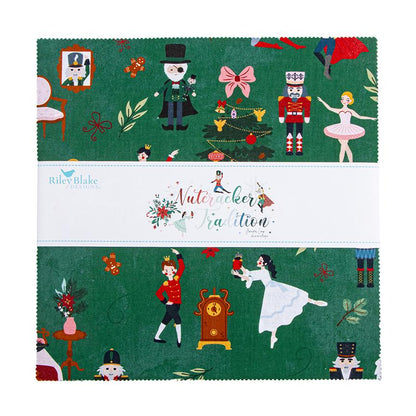 10" precut squares from The Nutcracker Tradition fabric collection is designed by Jennifer Long of Sew A Story for Riley Blake Designs. Inspired by the classic Christmas Eve ballet, this whimsical collection features nostalgic storybook illustrations, holiday motifs, and beloved characters like the Nutcracker, Clara, the Mouse King, and the Sugar Plum Fairy.