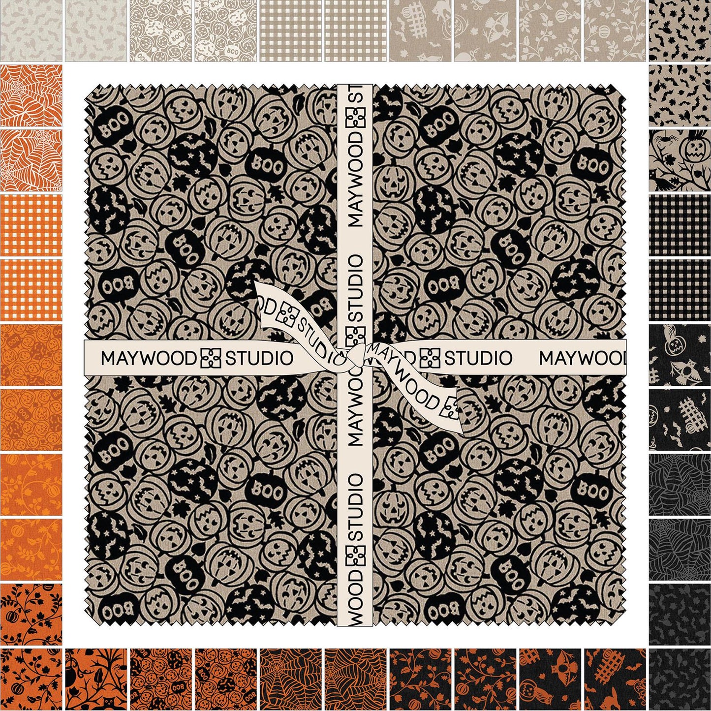 The Pumpkin Grove collection by Maywood Studio is a rustic, farmhouse-inspired Halloween fabric line featuring a sophisticated seasonal palette of black, cream, orange, tan, and greige. It includes 22 SKUs and is characterized by textured backgrounds and classic spooky motifs