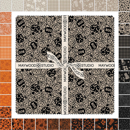 The Pumpkin Grove collection by Maywood Studio is a rustic, farmhouse-inspired Halloween fabric line featuring a sophisticated seasonal palette of black, cream, orange, tan, and greige. It includes 22 SKUs and is characterized by textured backgrounds and classic spooky motifs