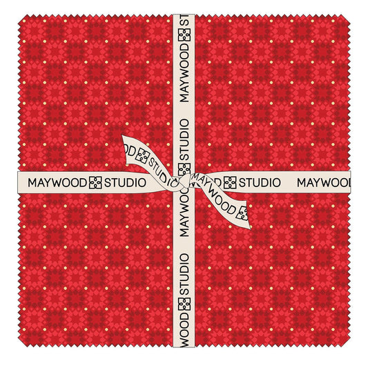 10" Precut Squares bundle includes 42 pieces, patterns repeated from The Merry Mix collection by Maywood Studio, 100% cotton,  features a classic Christmas color palette of snow white, berry red, and holly green. It is characterized by nostalgic holiday motifs, prancing reindeer, and florals, all elevated with shimmering metallic gold and silver accent