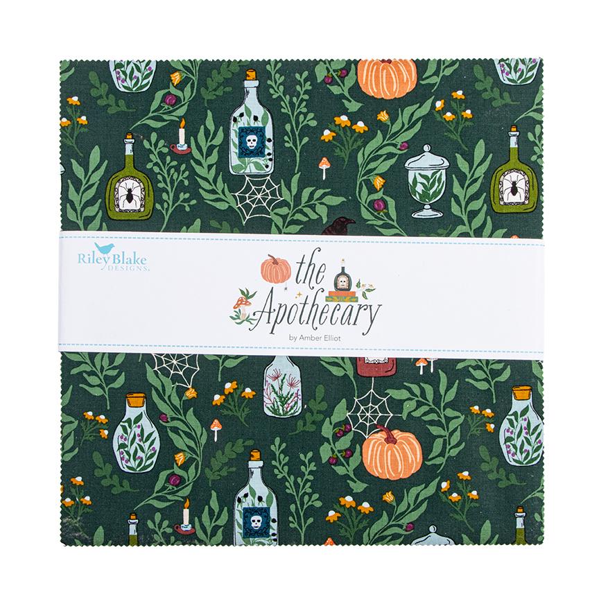 10" Precut Squares from The Apothecary fabric collection, designed by Amber Elliot of Alderwood Studio for Riley Blake Designs, is a whimsical, "witchy" fall collection inspired by vintage apothecary shops. The collection features a moody, seasonal palette including deep teal, mint, rust, gold, cream, and midnight, with patterns focusing on botanical, celestial, and autumn themes.