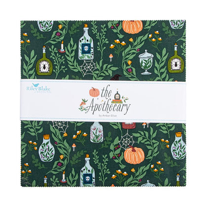 10" Precut Squares from The Apothecary fabric collection, designed by Amber Elliot of Alderwood Studio for Riley Blake Designs, is a whimsical, "witchy" fall collection inspired by vintage apothecary shops. The collection features a moody, seasonal palette including deep teal, mint, rust, gold, cream, and midnight, with patterns focusing on botanical, celestial, and autumn themes.