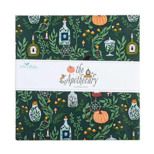 10" Precut Squares from The Apothecary fabric collection, designed by Amber Elliot of Alderwood Studio for Riley Blake Designs, is a whimsical, "witchy" fall collection inspired by vintage apothecary shops. The collection features a moody, seasonal palette including deep teal, mint, rust, gold, cream, and midnight, with patterns focusing on botanical, celestial, and autumn themes.