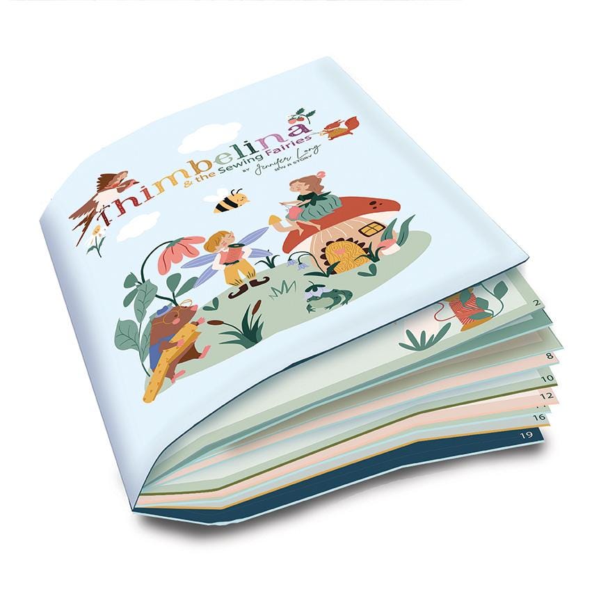 Storybook Panel: A large-scale digitally printed cotton fabric panel. It contains all the necessary pre-printed pages and imagery to sew a complete, interactive Thimbelina soft book. Thimbelina & the Sewing Fairies by Jennifer Long of Sew A Story for Riley Blake Designs is great for quilting, apparel and home decor. This panel features the pieces to make a Thimbelina soft book. Panel size is 36" x 43 1/2".