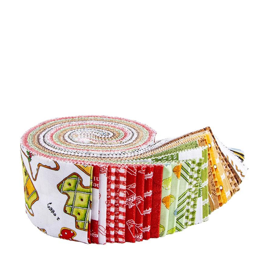2 1/2" precut strips from  The Gingerbread fabric collection from Riley Blake Designs, designed by J. Wecker Frisch, is a nostalgic, vintage-inspired holiday line celebrating the sweet tradition of Christmas cookie baking. The theme includes Antique lace patterns, classic illustrations, and soft watercolor elements layered together for a timeless look. The color palette has Warm browns, creamy whites, vibrant reds, forest greens, subtle blues, and occasional dark backgrounds.
