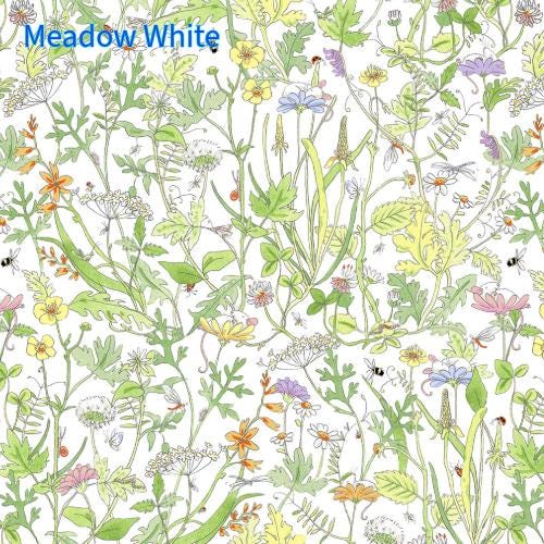 Cotton fabric collection Mouseplay pattern Meadow shows colorful wildflowers and bees on a white background.  It has a detailed floral pattern featuring various wildflowers in shades of yellow, orange, pink, purple, and blue, with green foliage.