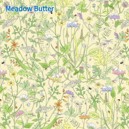Pattern of wildflowers and insects with 'Meadow Butter' branding on a light yellow background.