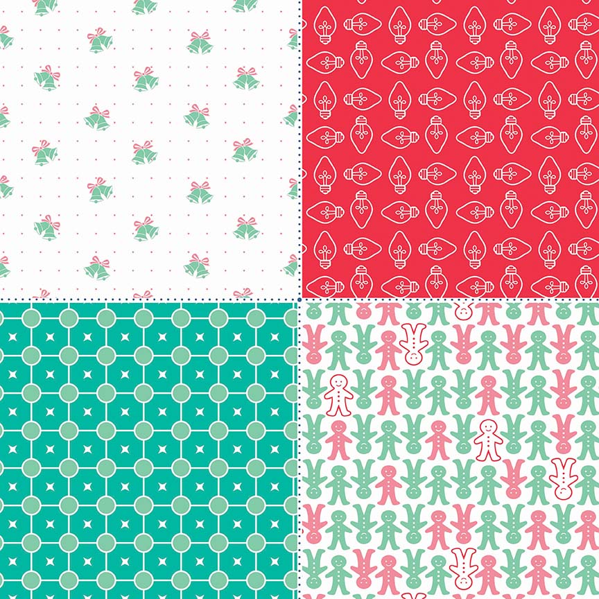 Pattern Fat Quarter Panel with each panel featuring multiple cut-and-sew blocks (such as mini-quilts, tags, or ornaments).Backgrounds: Green, Navy, and Red from the Cozy Christmas collection by Lori Holt for Riley Blake Designs is a vintage-inspired holiday line. It features festive motifs like snowmen, reindeer, recipes, and seasonal florals, typically produced in bright traditional colorways.