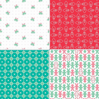 Pattern Fat Quarter Panel with each panel featuring multiple cut-and-sew blocks (such as mini-quilts, tags, or ornaments).Backgrounds: Green, Navy, and Red from the Cozy Christmas collection by Lori Holt for Riley Blake Designs is a vintage-inspired holiday line. It features festive motifs like snowmen, reindeer, recipes, and seasonal florals, typically produced in bright traditional colorways.