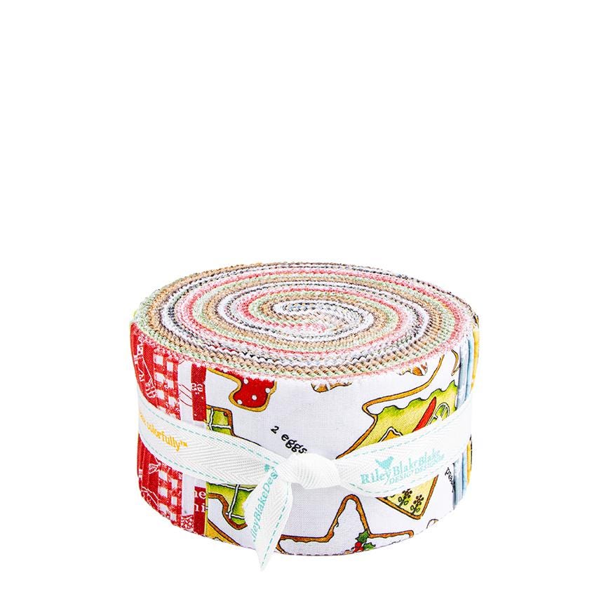 2 1/2" precut strips from  The Gingerbread fabric collection from Riley Blake Designs, designed by J. Wecker Frisch, is a nostalgic, vintage-inspired holiday line celebrating the sweet tradition of Christmas cookie baking. The theme includes Antique lace patterns, classic illustrations, and soft watercolor elements layered together for a timeless look. The color palette has Warm browns, creamy whites, vibrant reds, forest greens, subtle blues, and occasional dark backgrounds.

