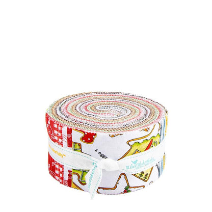 2 1/2" precut strips from  The Gingerbread fabric collection from Riley Blake Designs, designed by J. Wecker Frisch, is a nostalgic, vintage-inspired holiday line celebrating the sweet tradition of Christmas cookie baking. The theme includes Antique lace patterns, classic illustrations, and soft watercolor elements layered together for a timeless look. The color palette has Warm browns, creamy whites, vibrant reds, forest greens, subtle blues, and occasional dark backgrounds.
