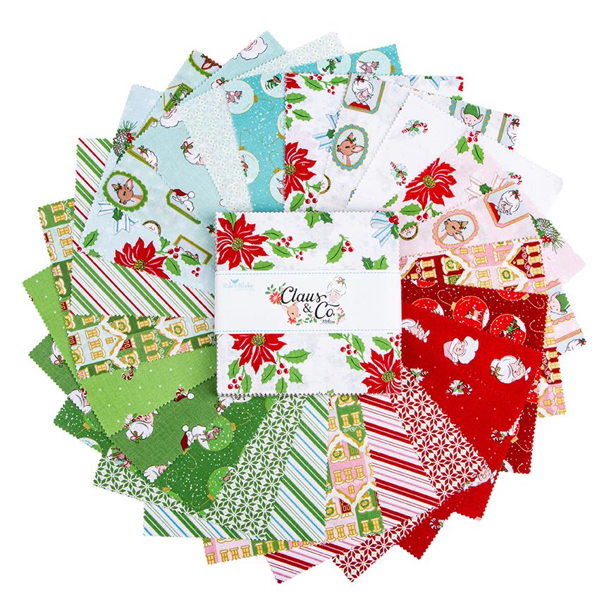 5" inch precut squares, 42 pieces from The Claus & Co. collection by Melissa Mortenson for Riley Blake Designs captures the nostalgic magic of an imagined North Pole. This festive line features whimsical houses, vintage ornaments, poinsettias, and candy canes in a charming storybook color palette.
