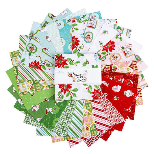 5" inch precut squares, 42 pieces from The Claus & Co. collection by Melissa Mortenson for Riley Blake Designs captures the nostalgic magic of an imagined North Pole. This festive line features whimsical houses, vintage ornaments, poinsettias, and candy canes in a charming storybook color palette.