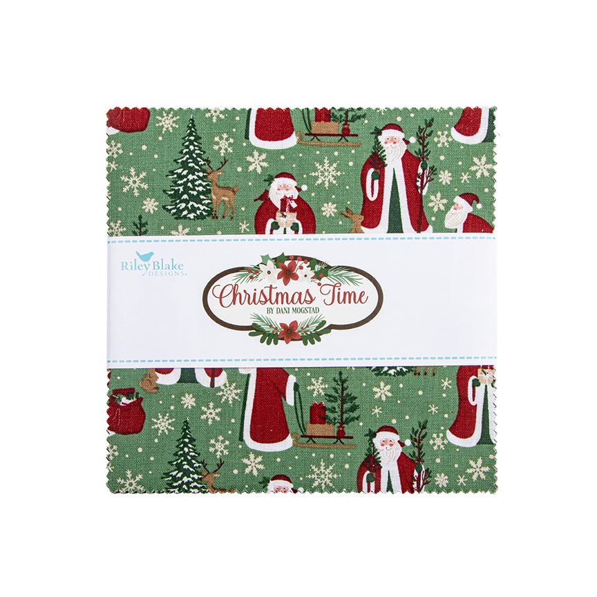 5" Charm Pack / Precut Squares from The Christmas Time fabric collection, designed by Dani Mogstad for Riley Blake Designs, features a classic, nostalgic holiday aesthetic. It highlights cozy winter scenes, delicate flora, vintage sleds, and traditional plaids. The prints come in three main background colorways: Linen, Tan, and Forest (a deep, rich green).